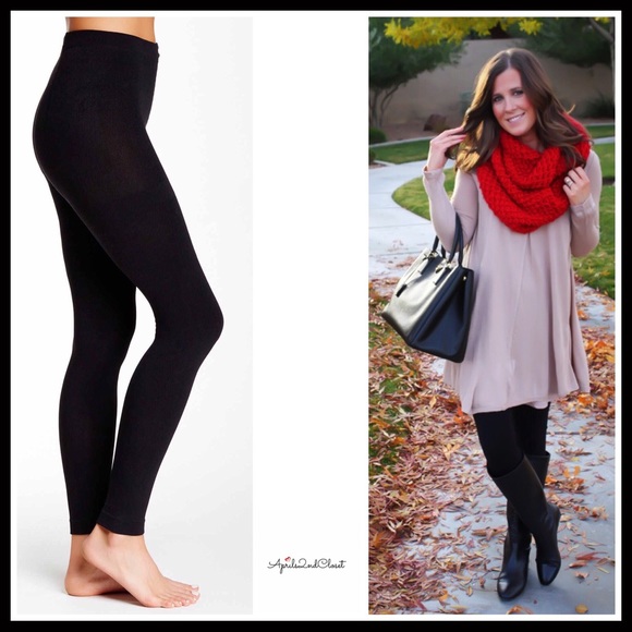 BLACK FLEECE LINED LEGGINGS FOOTLESS TIGHTS - Picture 9 of 14